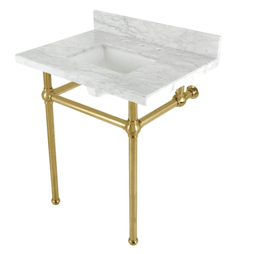 Kingston Brass Kingston Brass KVBH3022M8SQ7 Addington 30'' Console Sink with Brass Legs (8-Inch, 3 Hole), Marble White/Brushed Brass