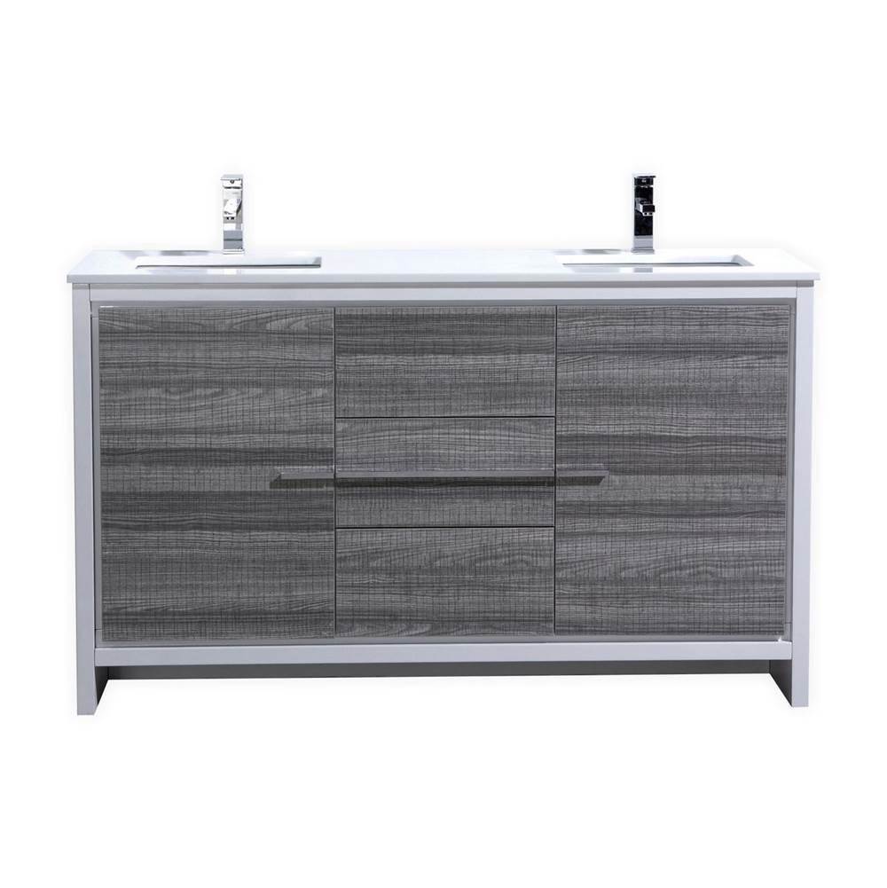 KubeBath KubeBath Dolce 60'' Double Sink Ash Gray Modern Bathroom Vanity with White Quartz Counter-Top