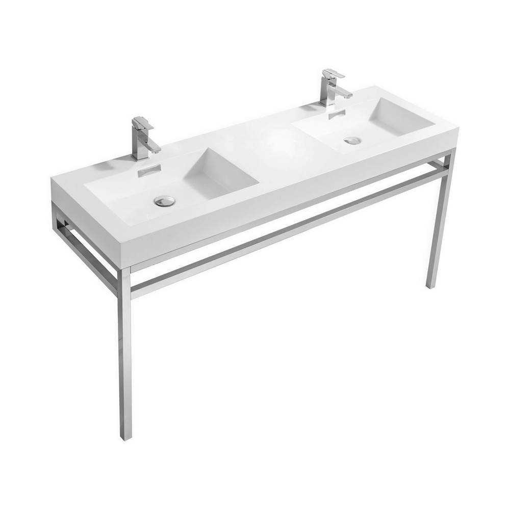 KubeBath Haus 60'' Double Sink Stainless Steel Console w/ White Acrylic Sink - Chrome