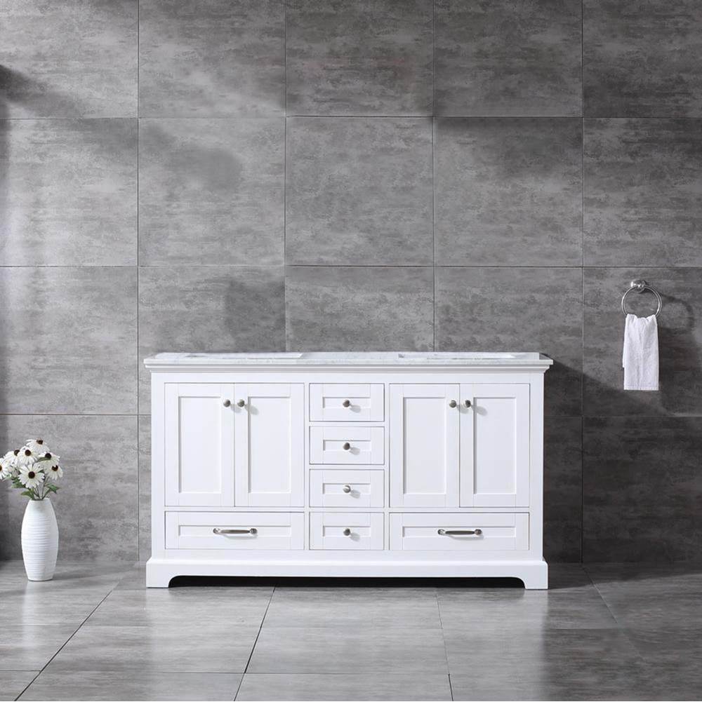 Lexora Dukes 60'' White Double Vanity, White Carrara Marble Top, White Square Sinks and no Mirror