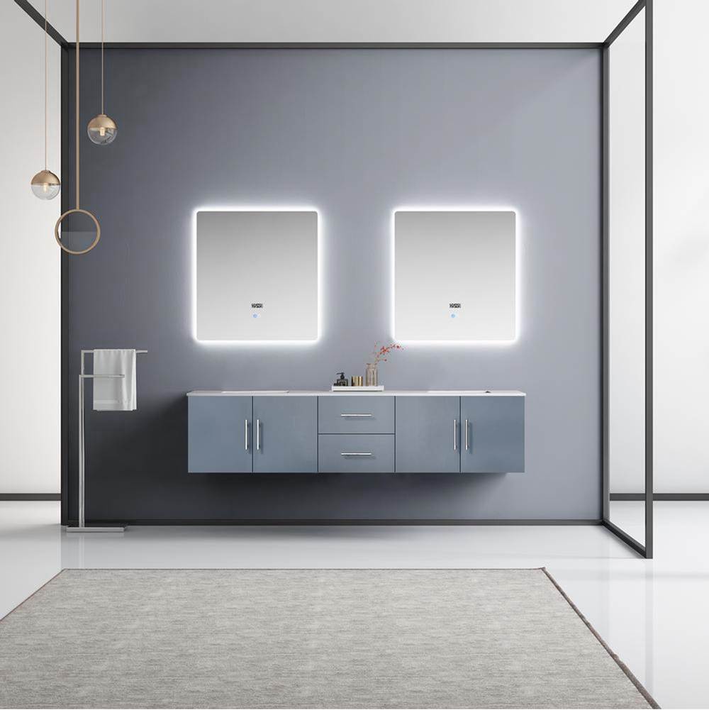 Lexora Geneva 80'' Dark Grey Double Vanity, White Carrara Marble Top, White Square Sinks and 30'' LED Mirrors