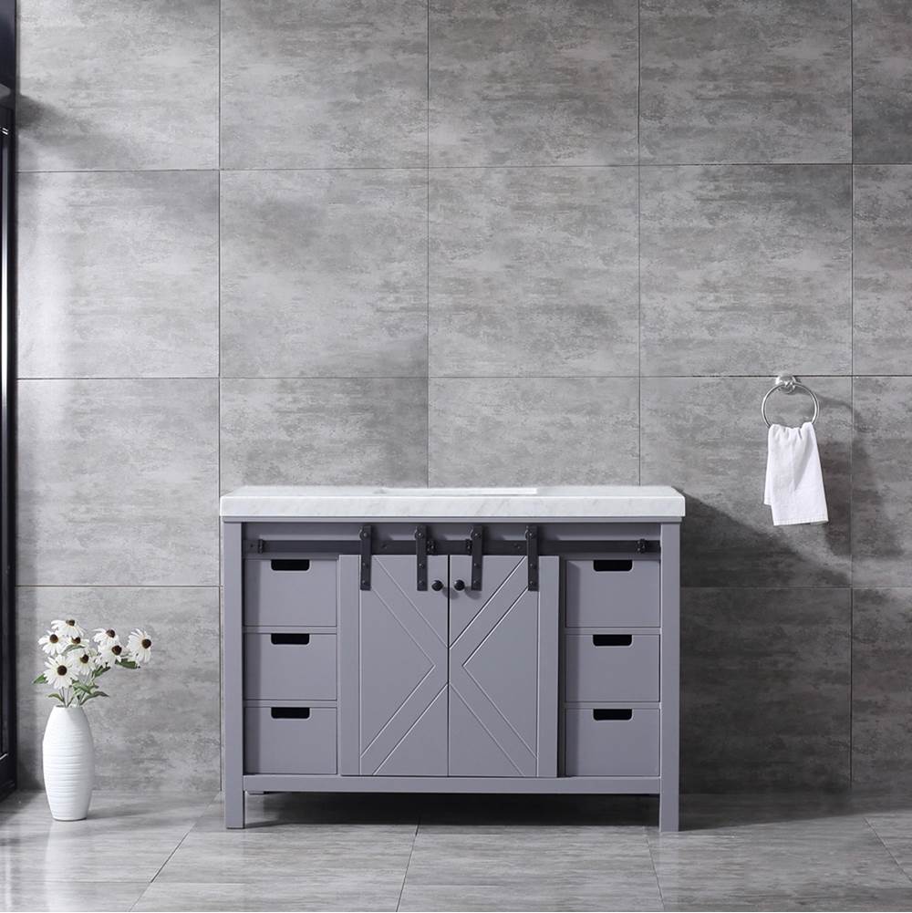 Lexora Marsyas 48'' Dark Grey Single Vanity, White Carrara Marble Top, White Square Sink and no Mirror