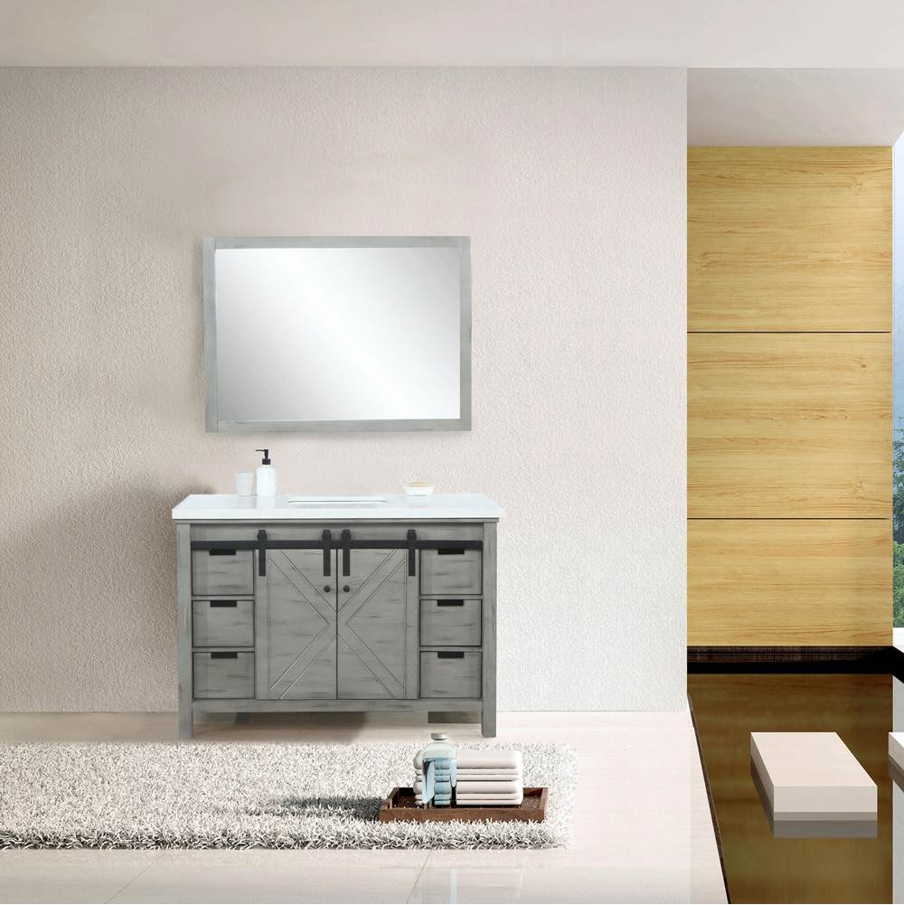 Lexora Marsyas 48'' Ash Grey Single Vanity, White Quartz Top, White Square Sink and 44'' Mirror