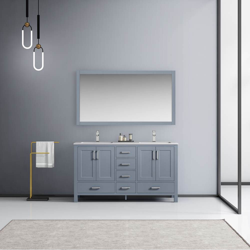 Lexora Jacques 60'' Dark Grey Double Vanity, White Carrara Marble Top, White Square Sinks and 58'' Mirror w/ Faucets