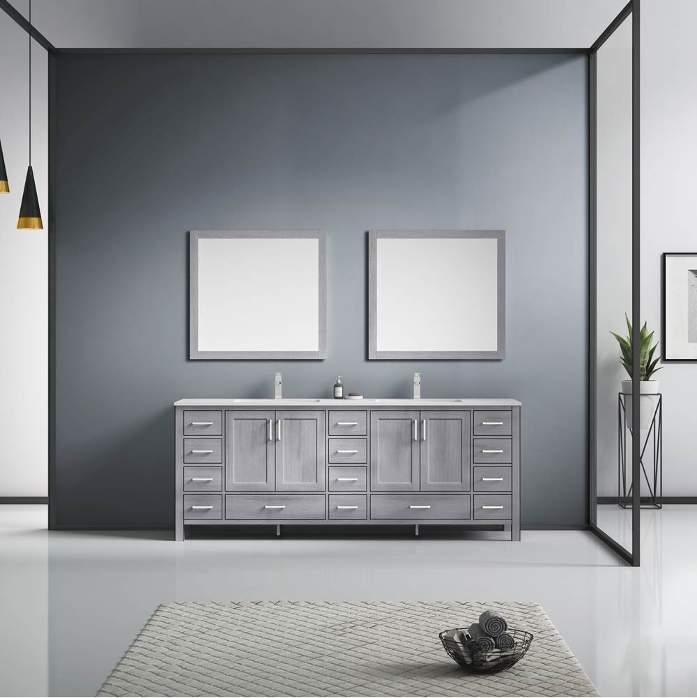Lexora Jacques 84'' Distressed Grey Double Vanity, White Carrara Marble Top, White Square Sinks and 34'' Mirrors w/ Faucets
