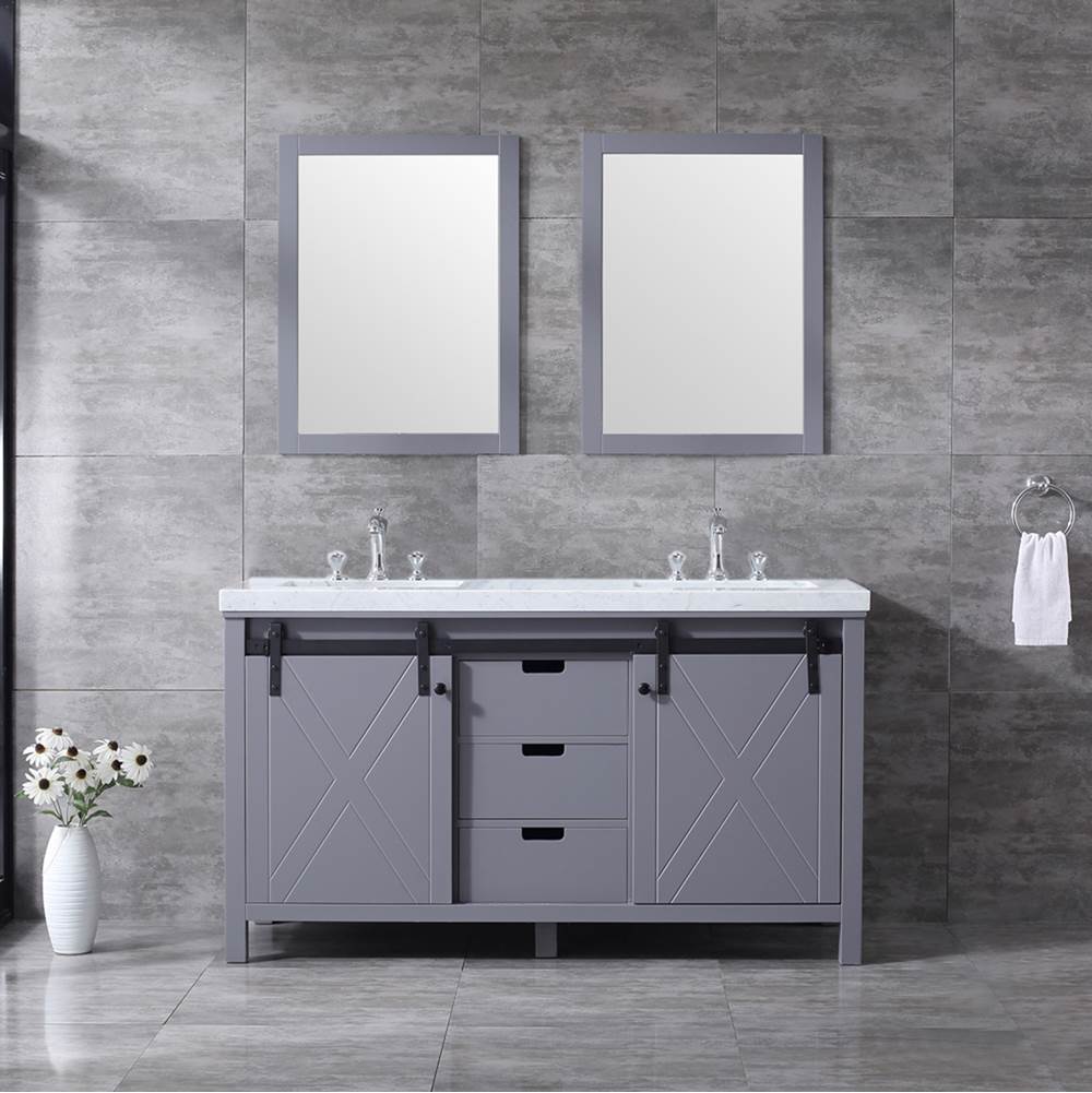 Lexora Marsyas 60'' Dark Grey Double Vanity, White Carrara Marble Top, White Square Sinks and 24'' Mirrors w/ Faucets