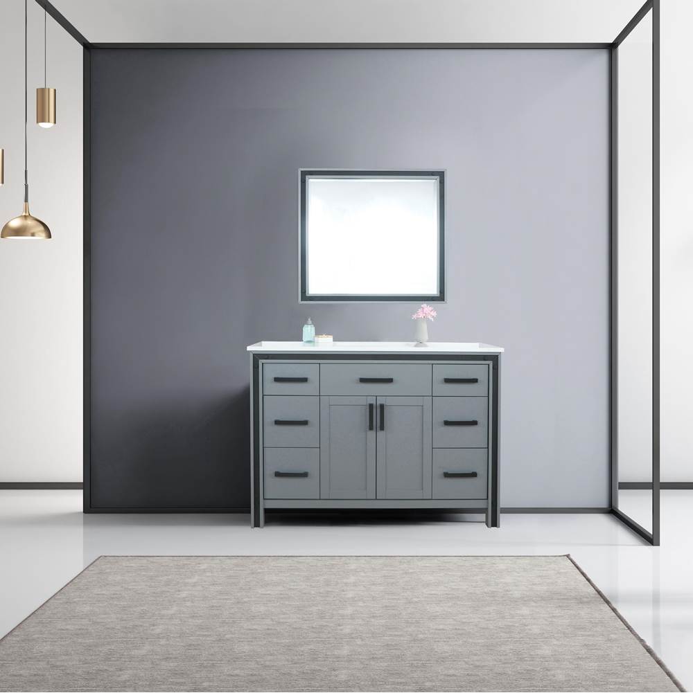 Lexora Ziva 48'' Dark Grey Single Vanity, Cultured Marble Top, White Square Sink and 34'' Mirror