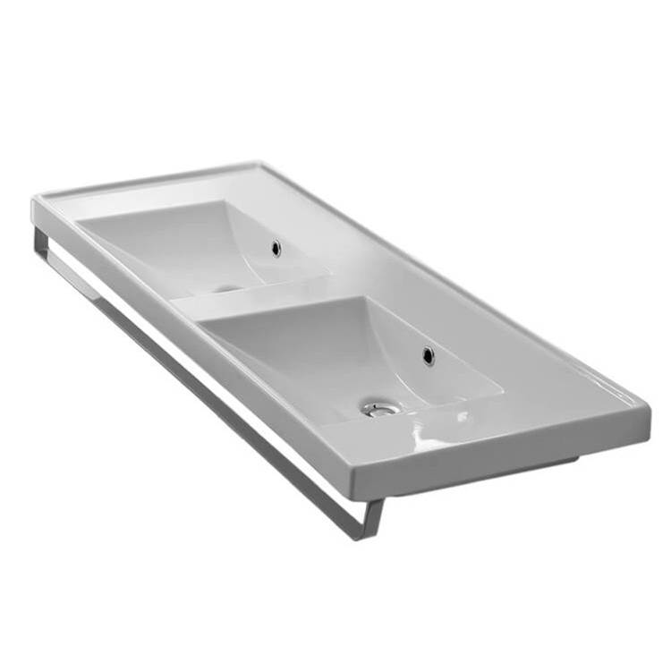 Nameeks Double Basin Wall Mounted Ceramic Sink With Polished Chrome Towel Bar