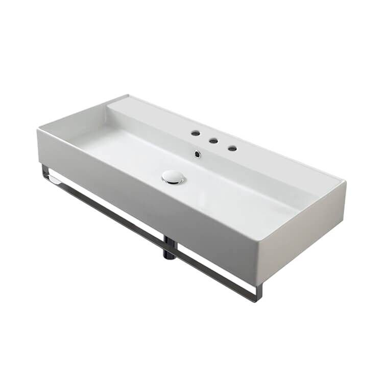 Nameeks Rectangular Wall Mounted Ceramic Sink With Polished Chrome Towel Bar