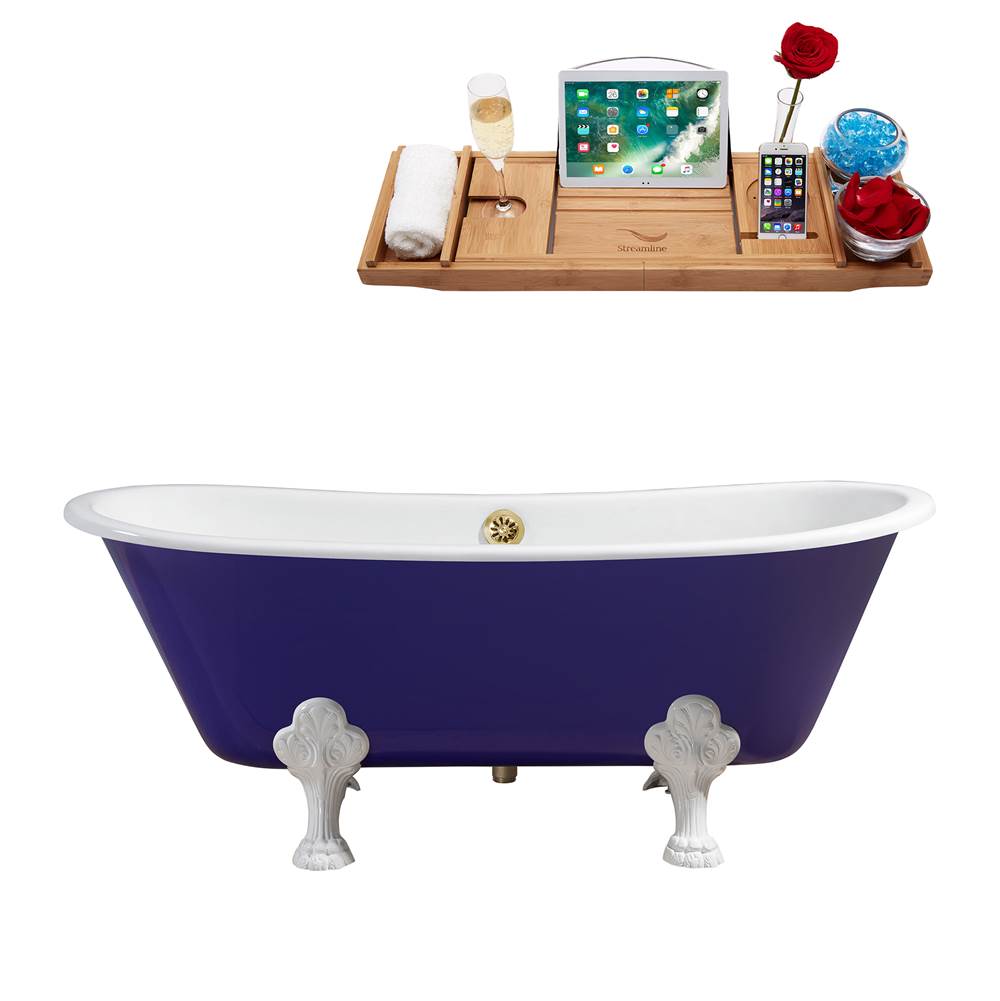 Streamline Bath 67'' Cast Iron R5060WH-GLD Soaking Clawfoot Tub and Tray with External Drain