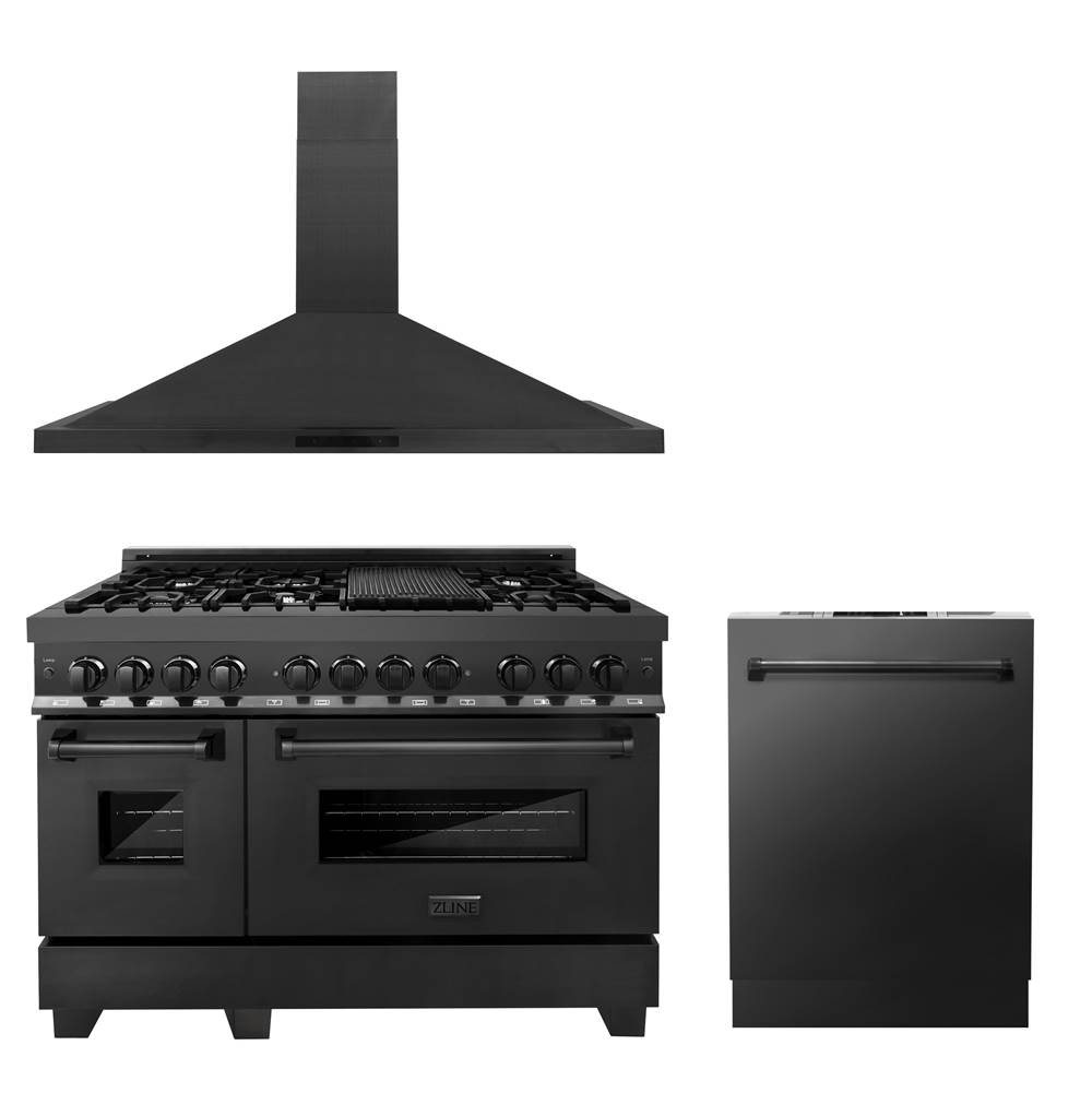 Z-Line 48'' Kitchen Package with Black Stainless Steel Dual Fuel Range, Convertible Vent Range Hood and Dishwasher