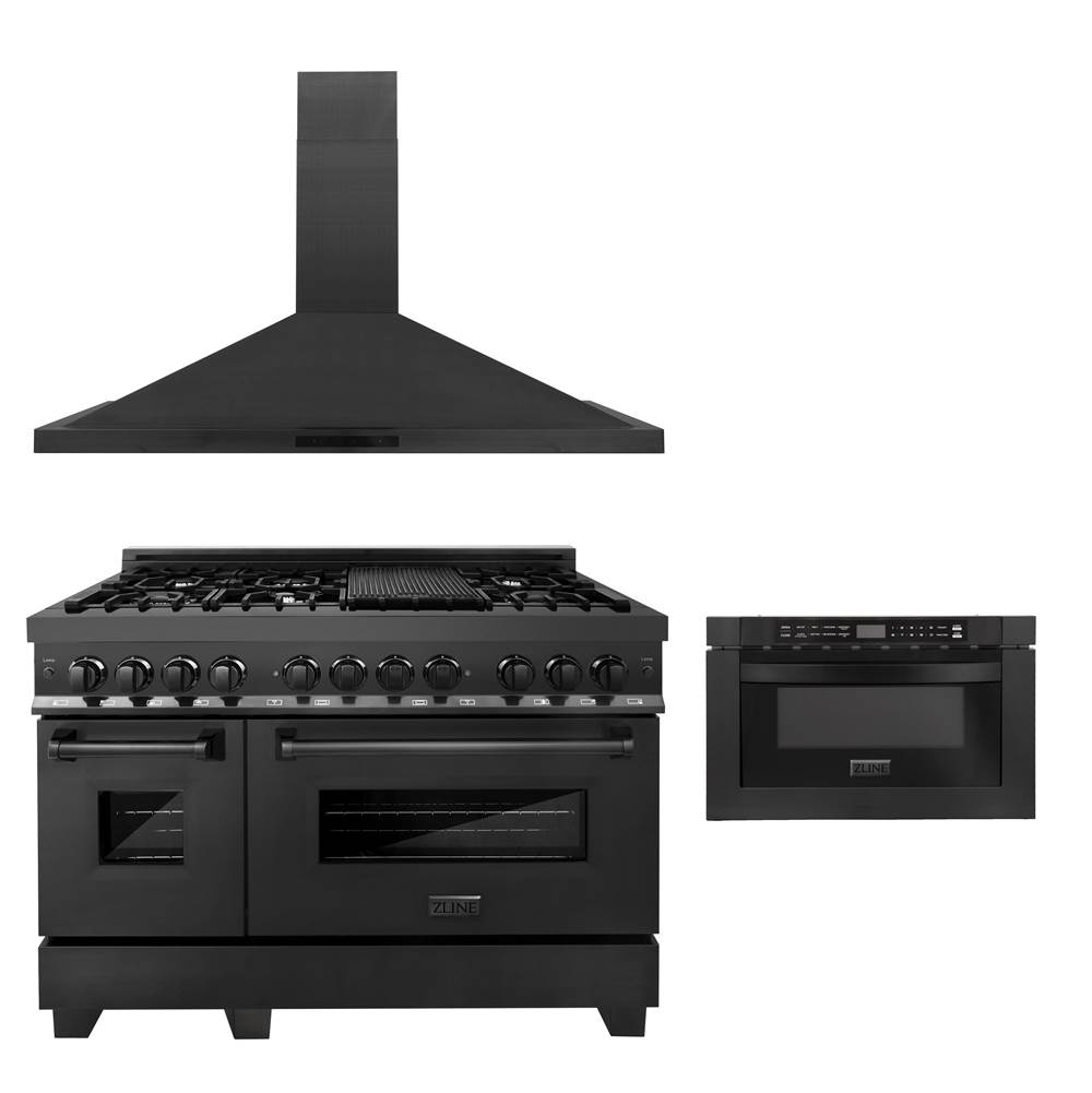 Z-Line 48'' Kitchen Package with Black Stainless Steel Dual Fuel Range, Convertible Vent Range Hood and Microwave Drawer