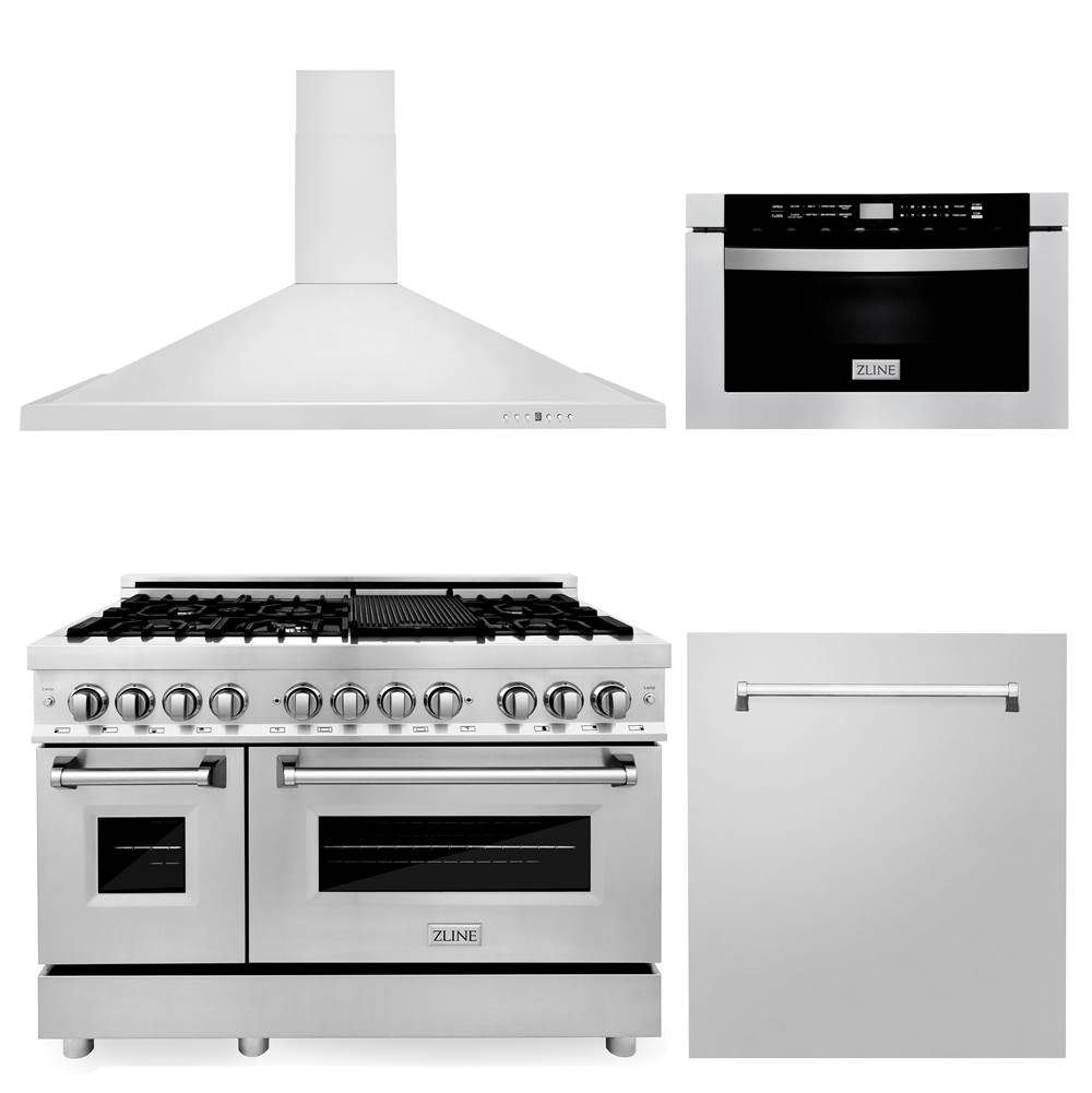 Z-Line 48'' Kitchen Package with Stainless Steel Dual Fuel Range, Range Hood, Microwave Drawer and Dishwasher