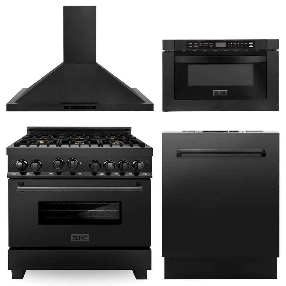 Z-Line 36'' Kitchen Package with Black Stainless Steel Gas Range, Range Hood, Microwave Drawer and Dishwasher