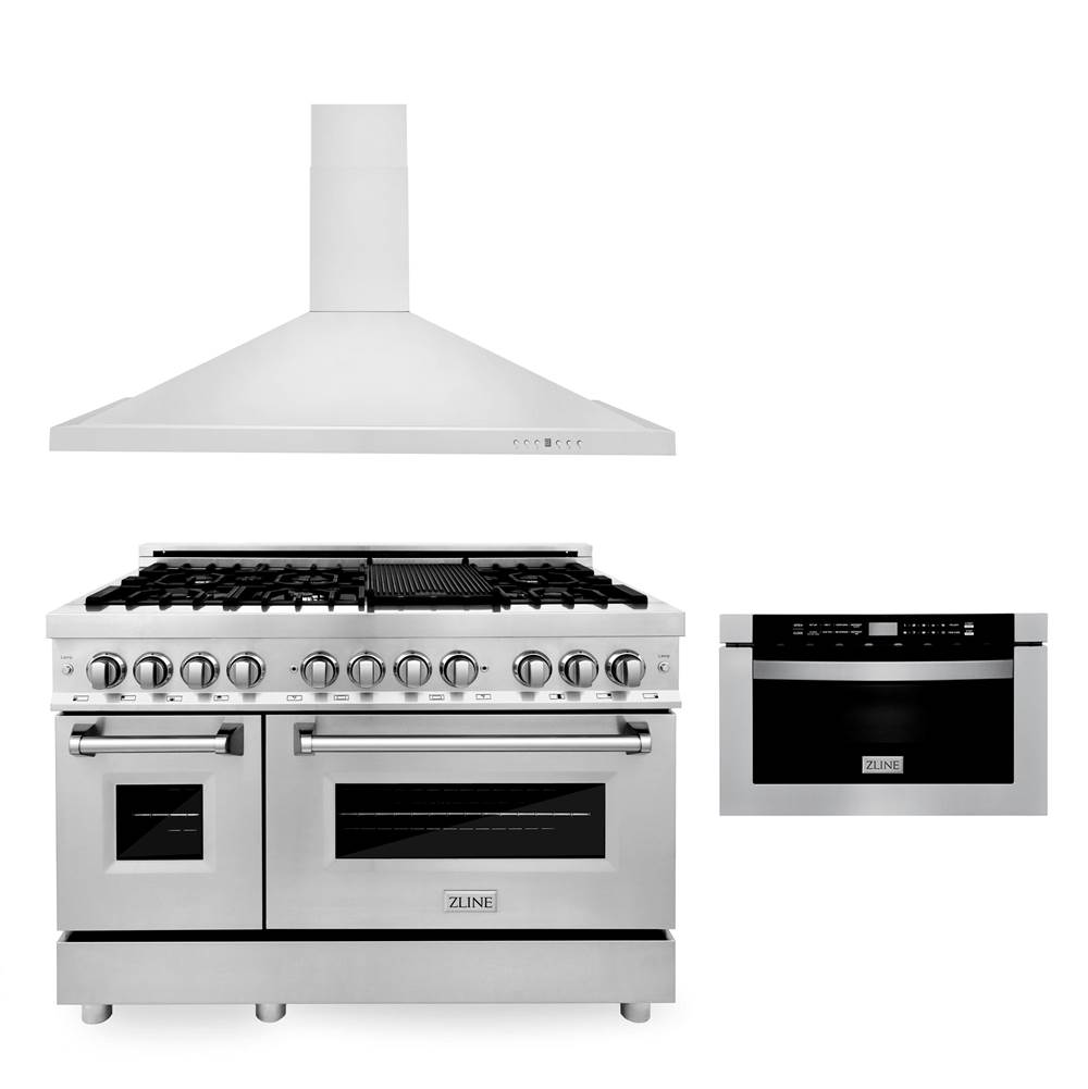 Z-Line 48'' Kitchen Package with Stainless Steel Dual Fuel Range, Convertible Vent Range Hood and Microwave Drawer