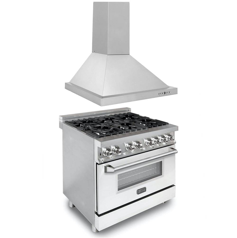 Z-Line 36'' Kitchen Package with Stainless Steel Dual Fuel Range with Whiite Matte Door and Convertible Vent Range Hood