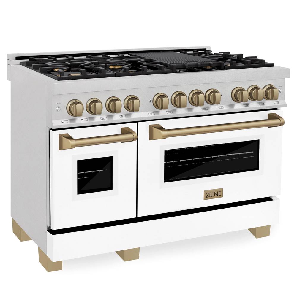 Z-Line Autograph Edition 48'' 6.0 cu.' Dual Fuel Range with Gas Stove and Electric Oven in DuraSnow Stainless Steel with WM Door and CB Accents