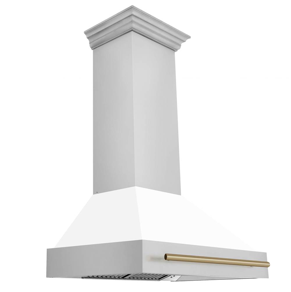 Z-Line 36'' Autograph Edition Stainless Steel Range Hood with White Matte Shell and Champagne Bronze Handle