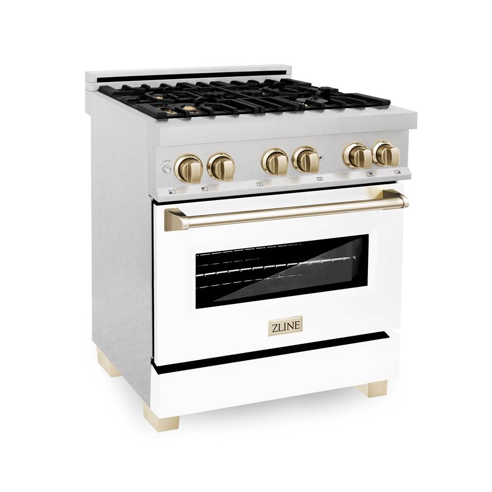 Z-Line Autograph Edition 30'' 4.0 cu.' Dual Fuel Range with Gas Stove and Electric Oven in DuraSnow Stainless Steel with WM Door and G Accents